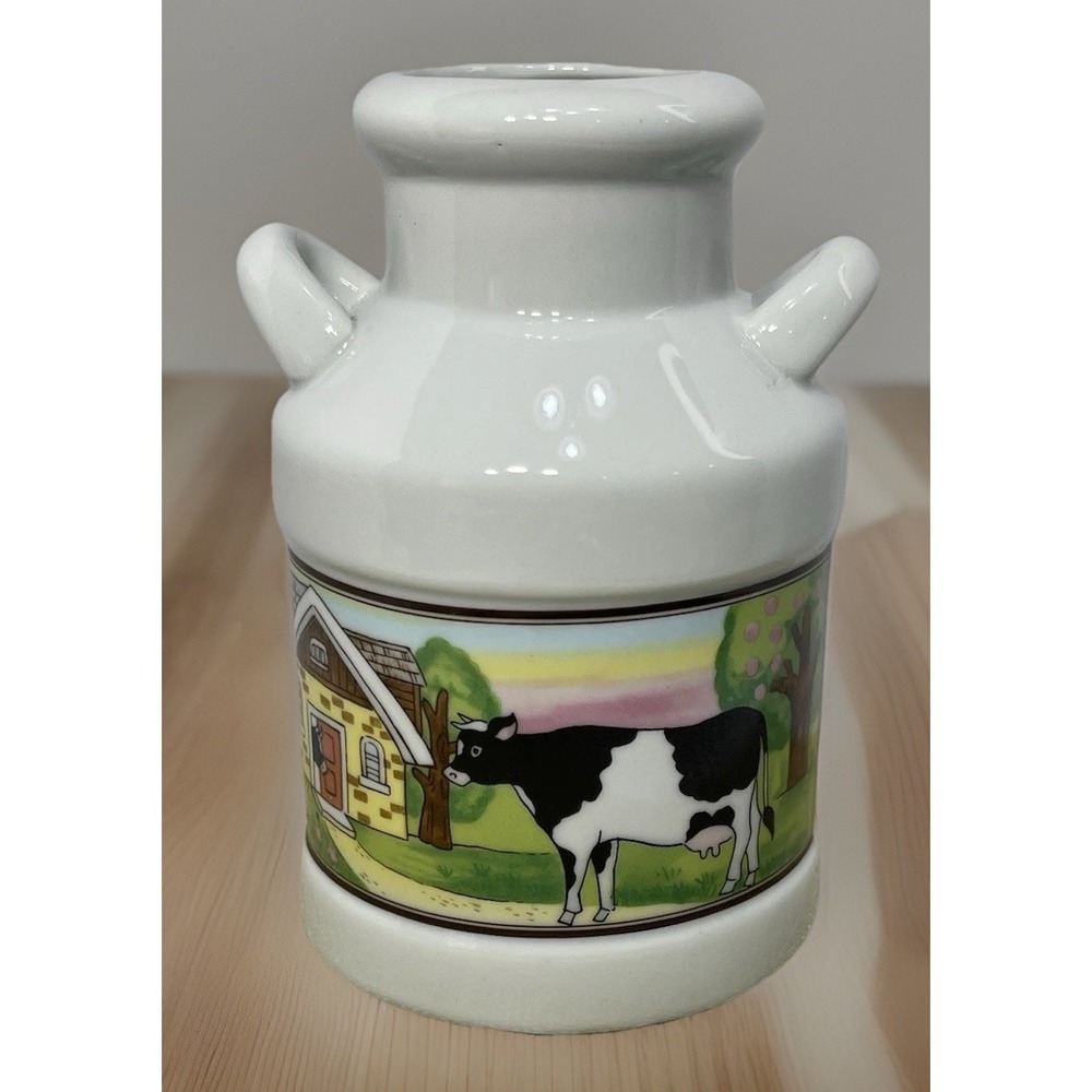 Ceramic Jar with Cow and Farmhouse Design,‎ Collectible Milk Can, White, 6 Inch